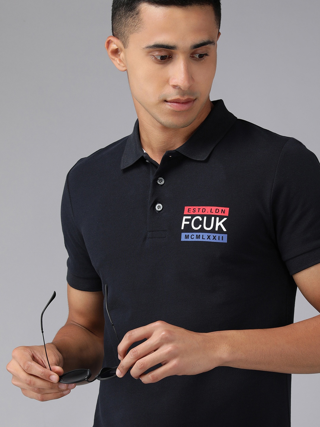 

French Connection Men Navy Blue Brand Logo Printed Polo Collar Pure Cotton Slim Fit T-shirt