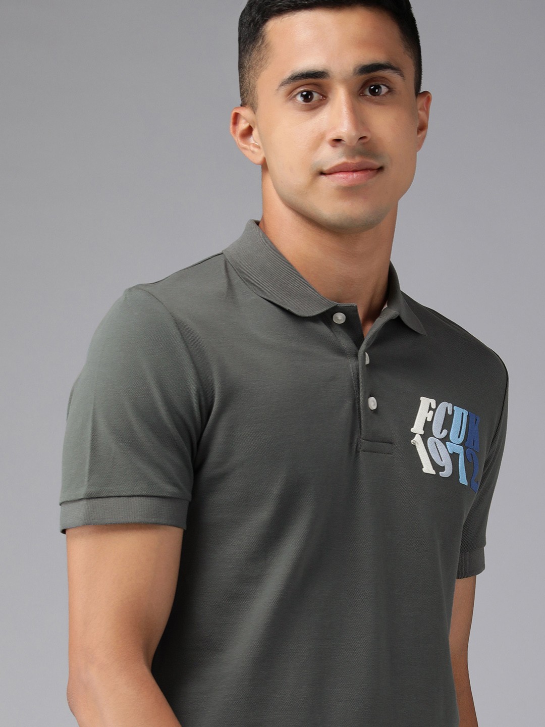 

French Connection Men Grey Slim Fit Pure Cotton Polo Collar T-shirt