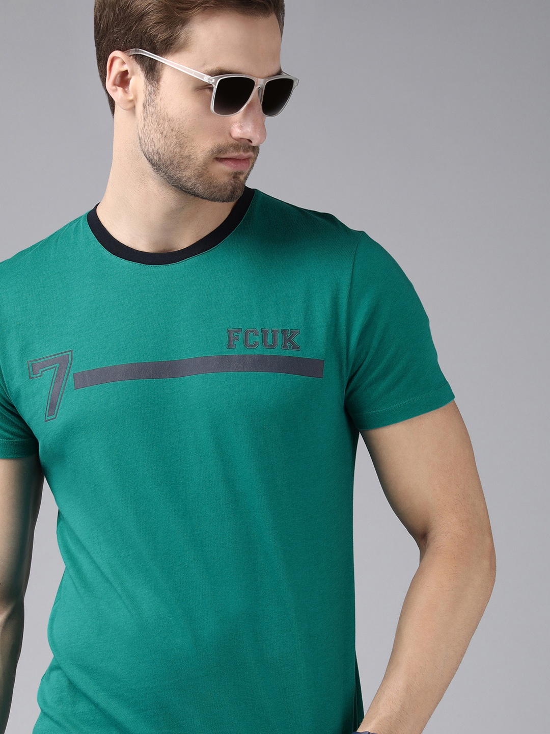 

French Connection Men Green Brand Logo Printed Pure Cotton Slim Fit T-shirt