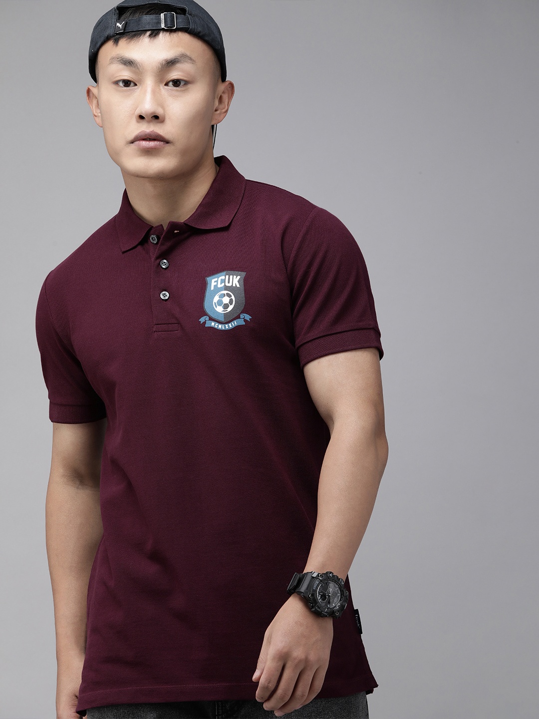 

French Connection Men Burgundy Brand Logo Printed Polo Collar Slim Fit Casual T-shirt