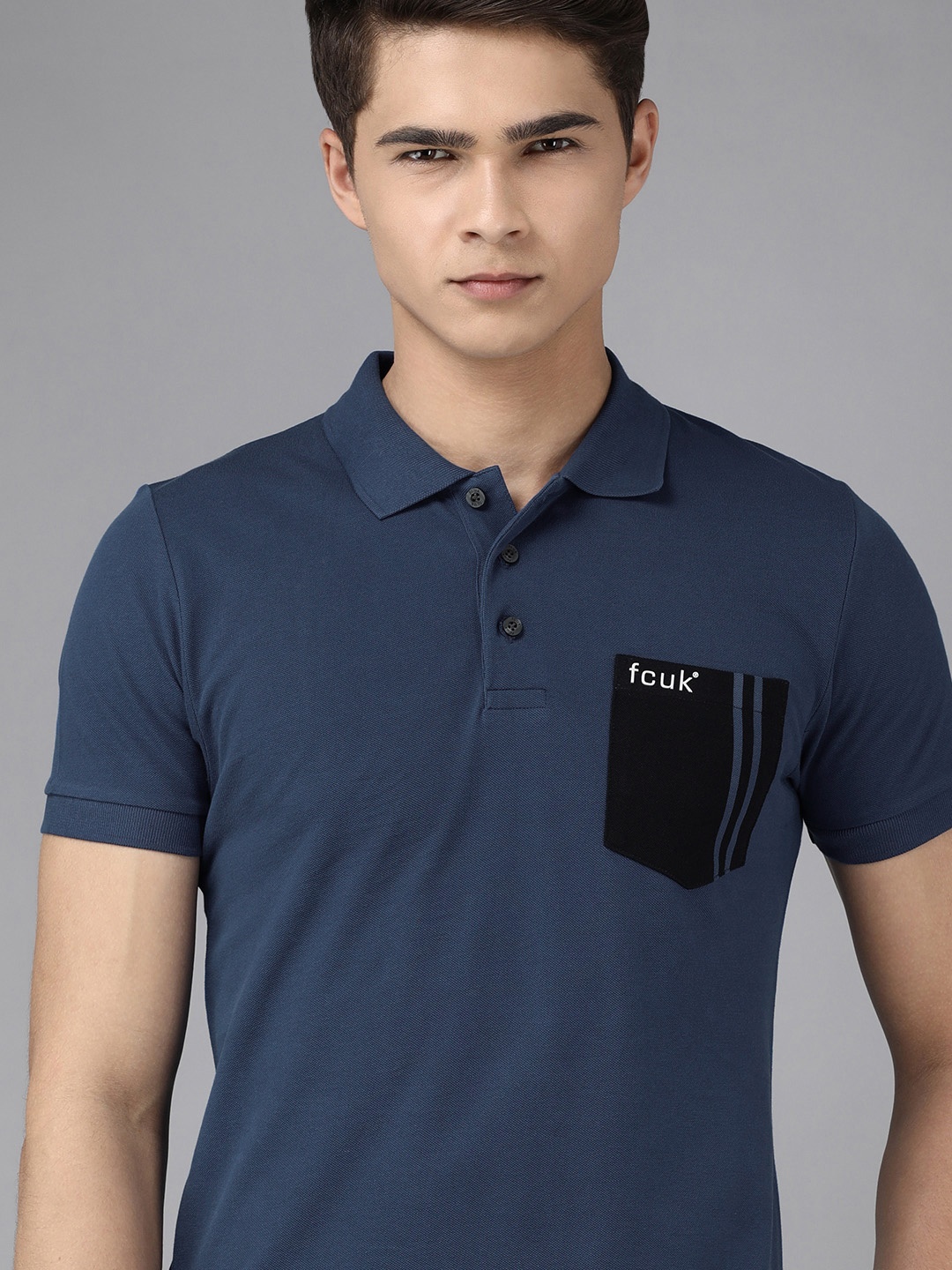 

French Connection Men Navy Blue Polo Collar Pure Cotton Slim Fit T-shirt