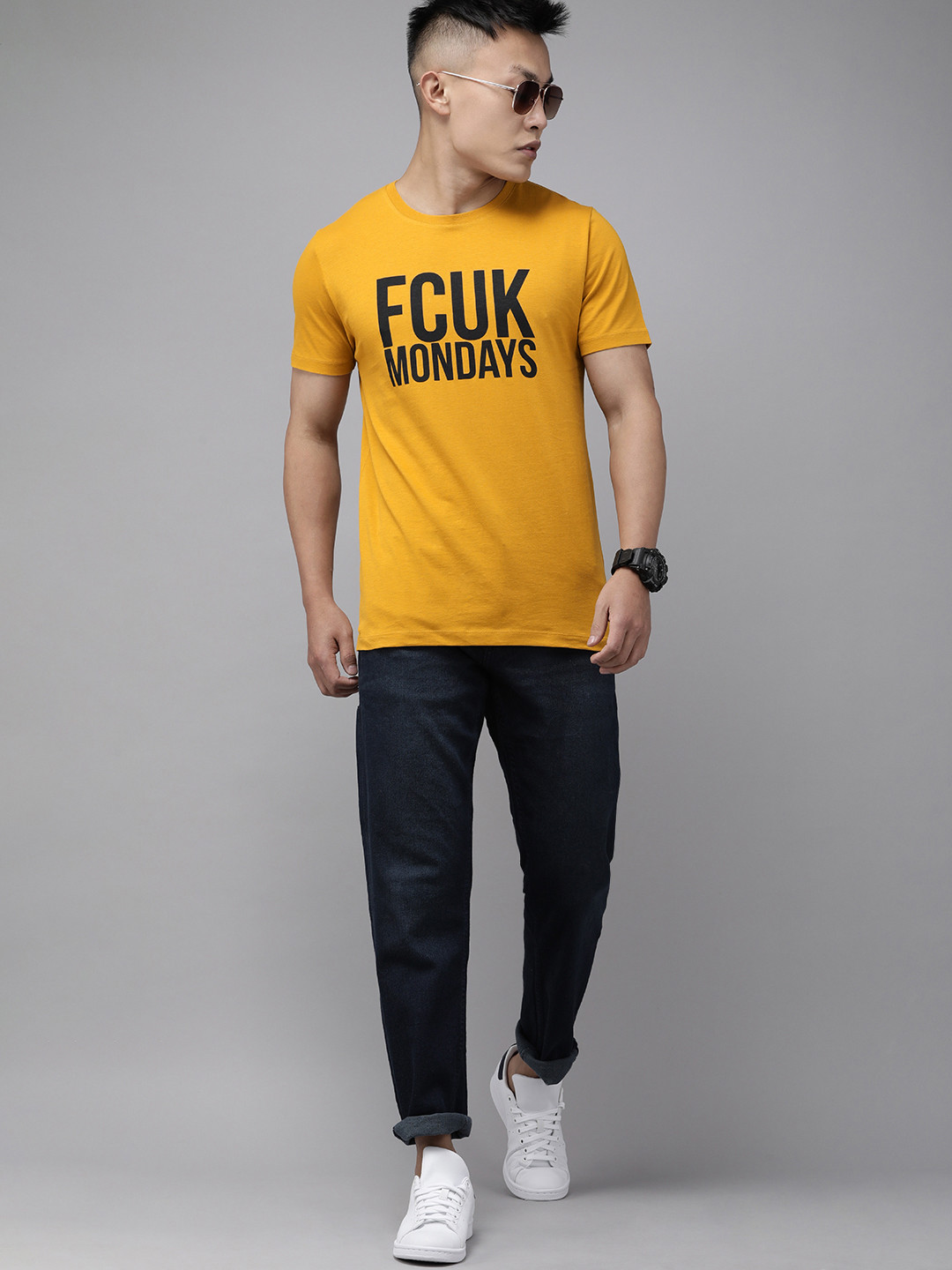 

French Connection Men Mustard Yellow & Black Typography Printed Slim Fit Casual T-shirt
