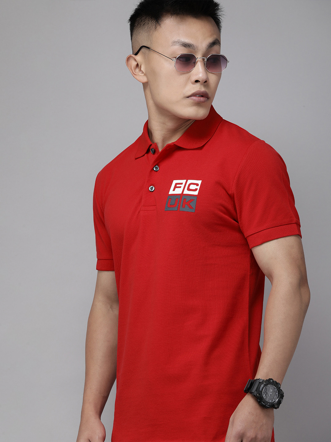 

French Connection Men Red Brand Logo Printed Polo Collar Slim Fit Casual T-shirt
