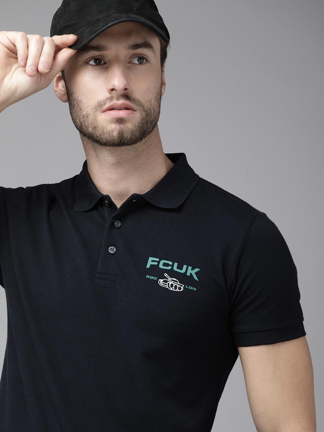 

French Connection Men Navy Blue Polo Collar Slim Fit T-shirt