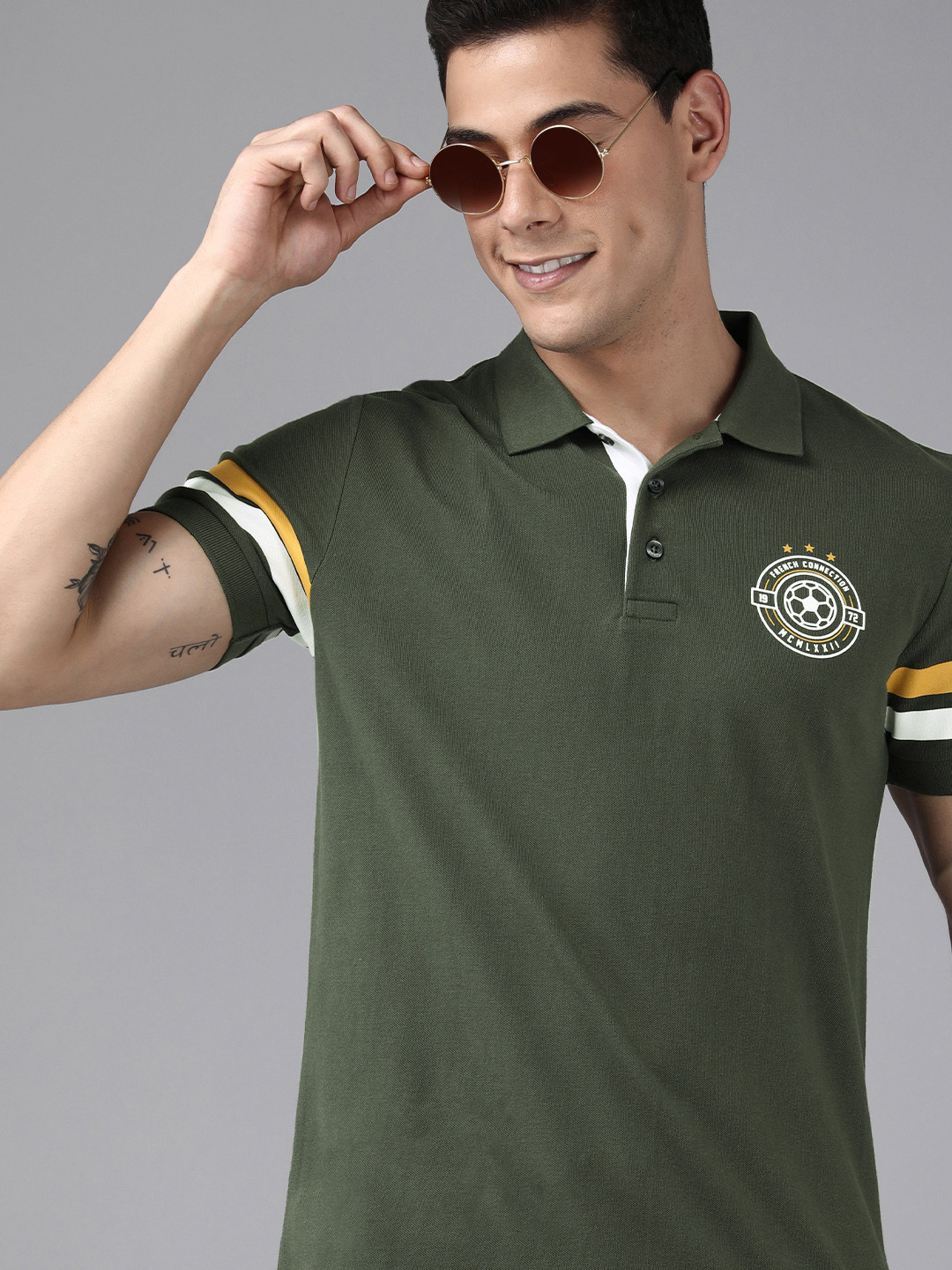 

French Connection Men Green Typography Printed Polo Collar Pure Cotton Slim Fit T-shirt