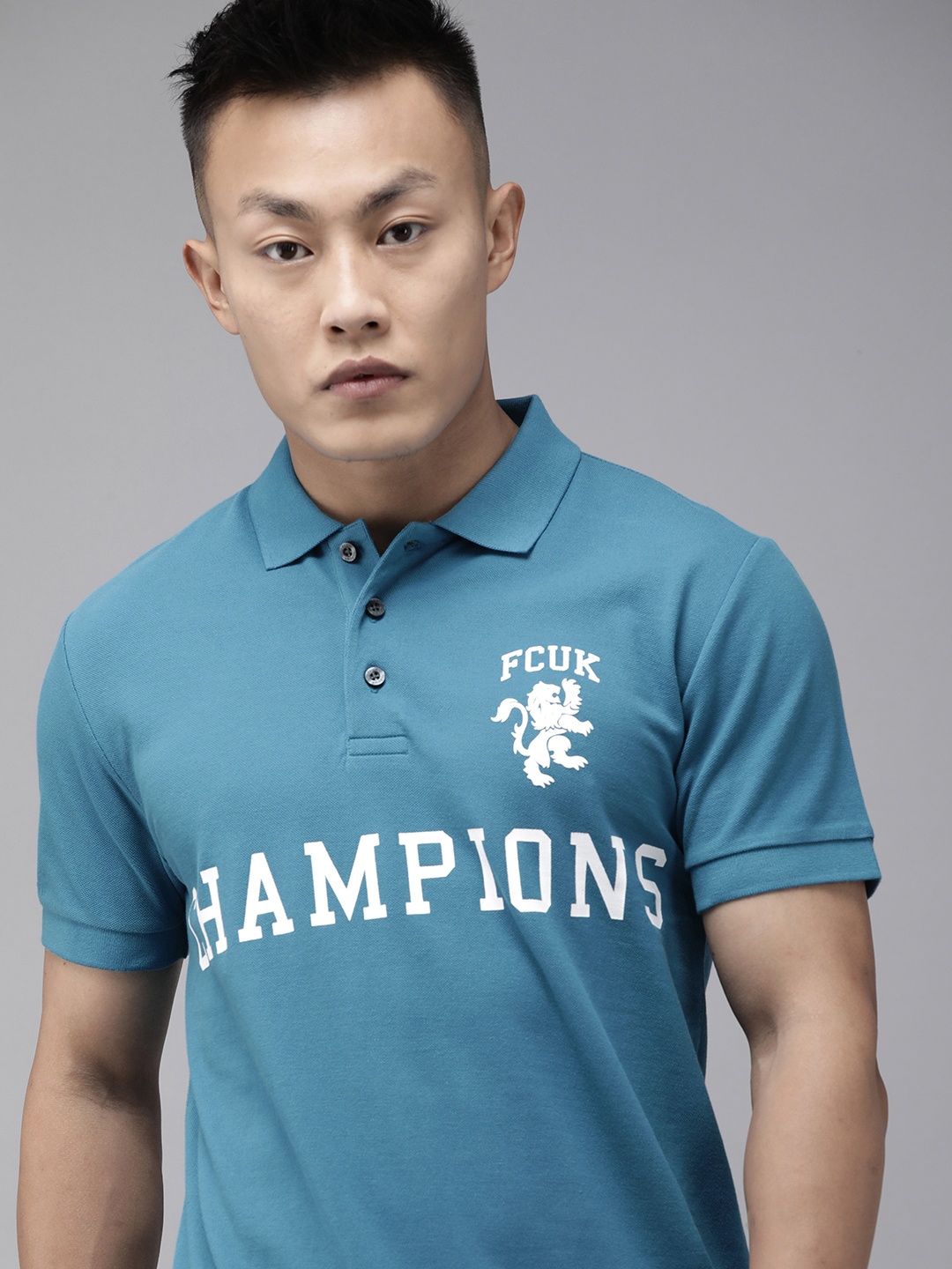 

French Connection Men Blue Typography Printed Polo Collar Slim Fit T-shirt