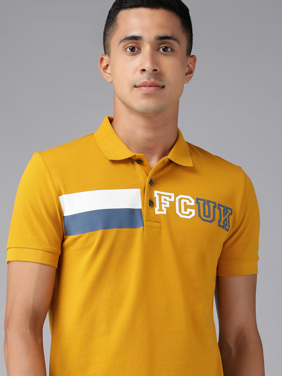 

French Connection Men Mustard Yellow Printed Pure Cotton Applique Slim Fit Polo T-shirt
