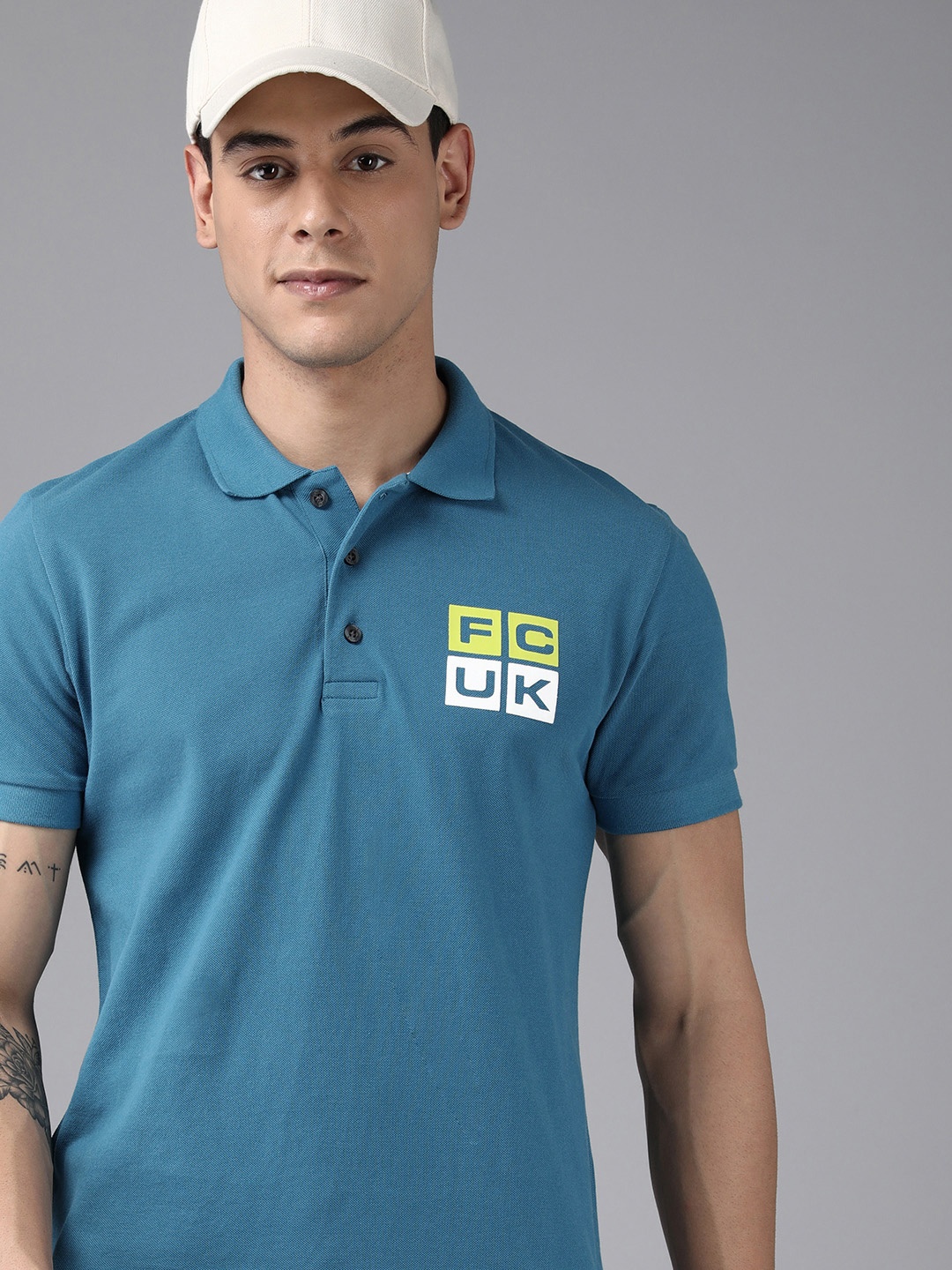 

French Connection Men Teal Blue Brand Logo Printed Polo Collar T-shirt