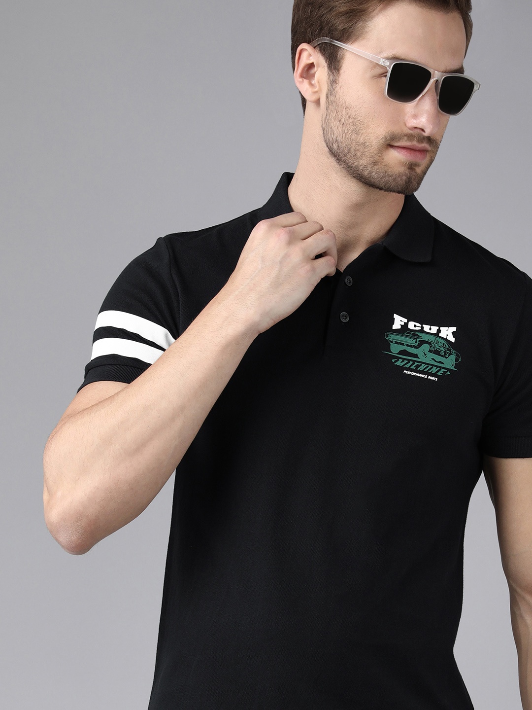 

French Connection Men Navy Blue Printed Polo Collar Pure Cotton Slim Fit T-shirt