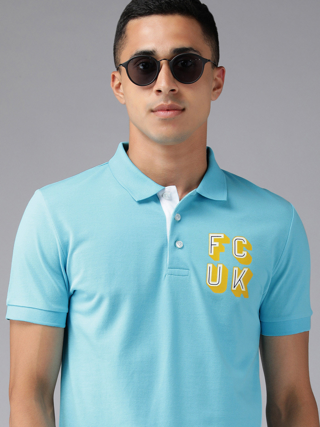 

French Connection Men Blue Brand Logo Printed Slim Fit Pure Cotton Polo Collar T-shirt