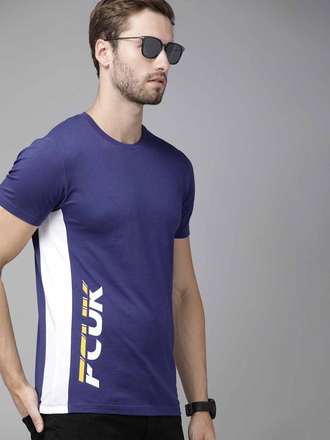 

French Connection Men Blue Brand Logo Printed Slim Fit T-shirt With Side Stripes