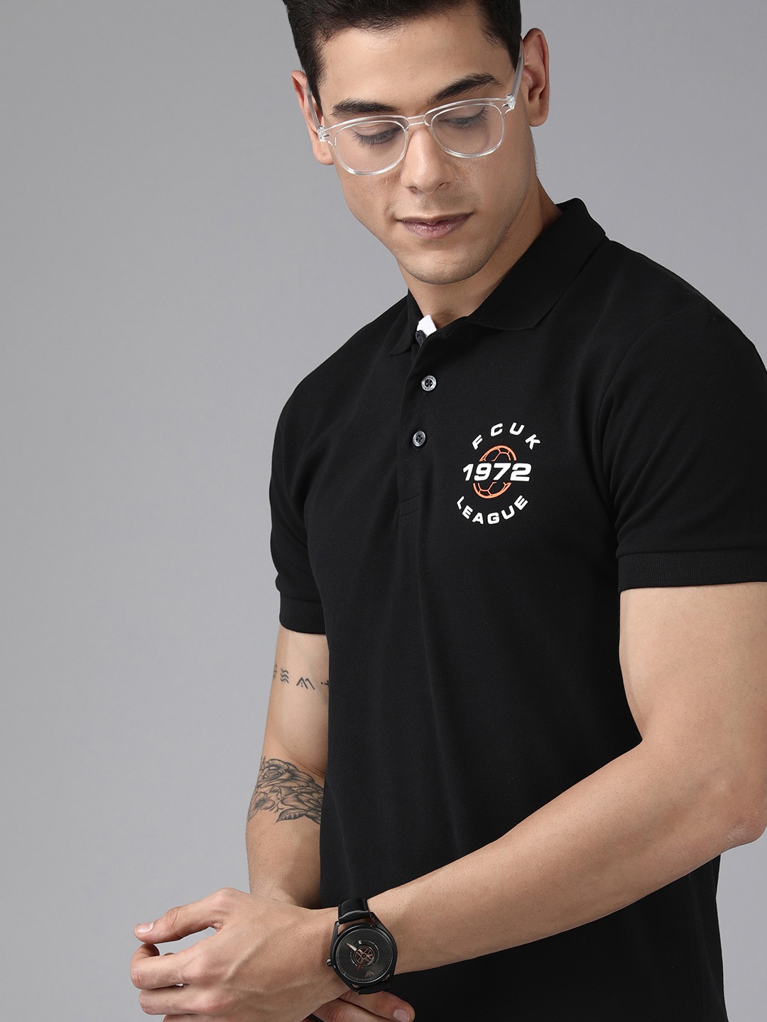 

French Connection Men Black Typography Printed Polo Collar Pure Cotton Slim Fit T-shirt