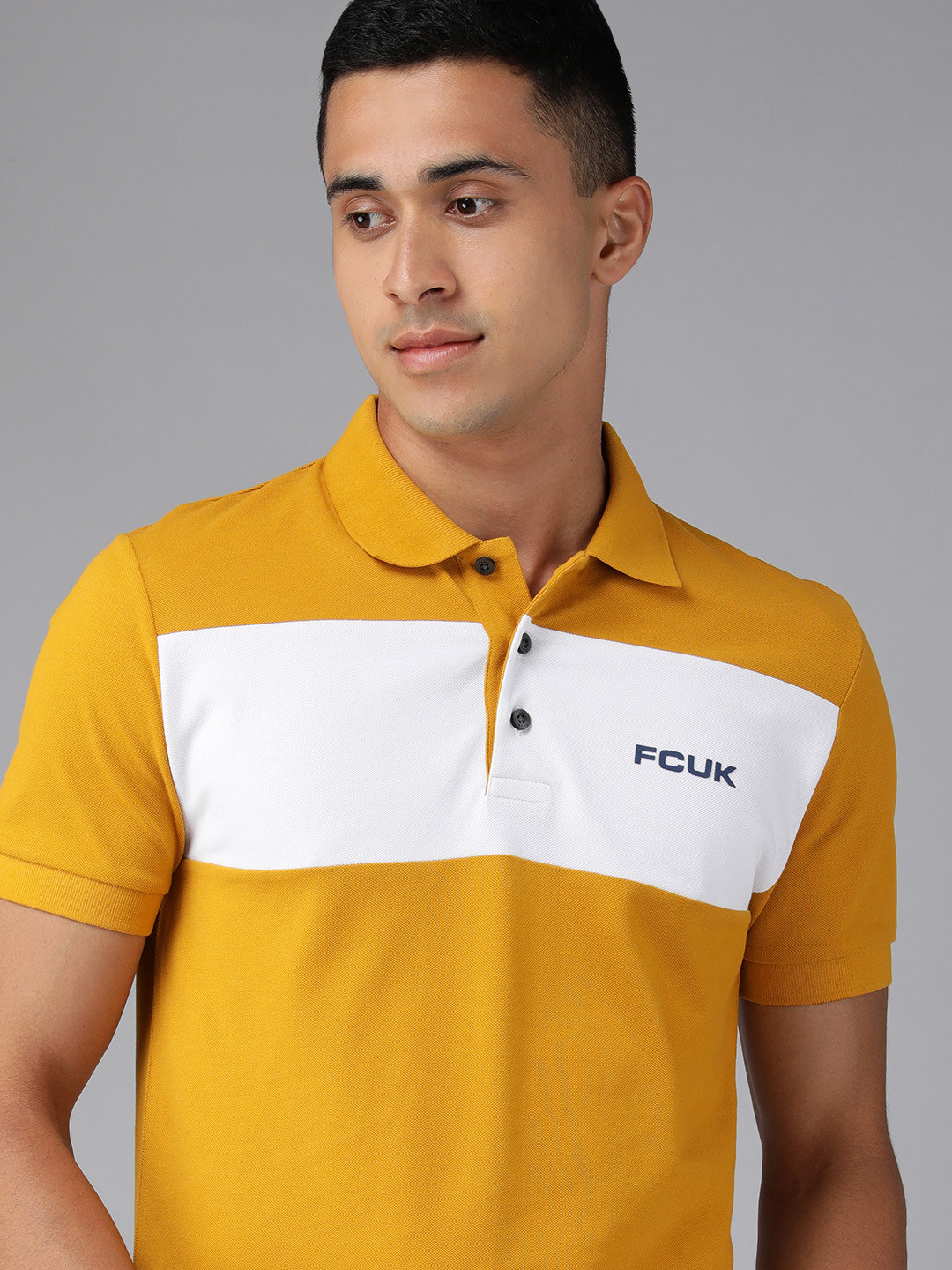

French Connection Men Yellow & White Colourblocked Polo Collar Slim Fit Casual T-shirt