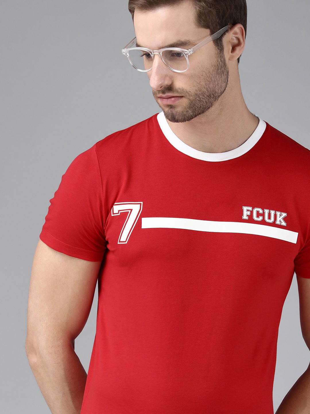 

French Connection Men Red Brand Logo Printed Pure Cotton Slim Fit T-shirt