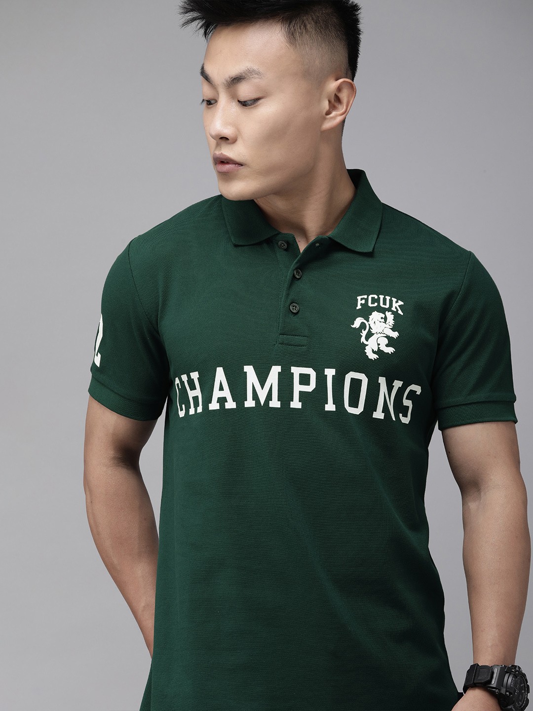 

French Connection Men Green Typography Printed Polo Collar Slim Fit T-shirt