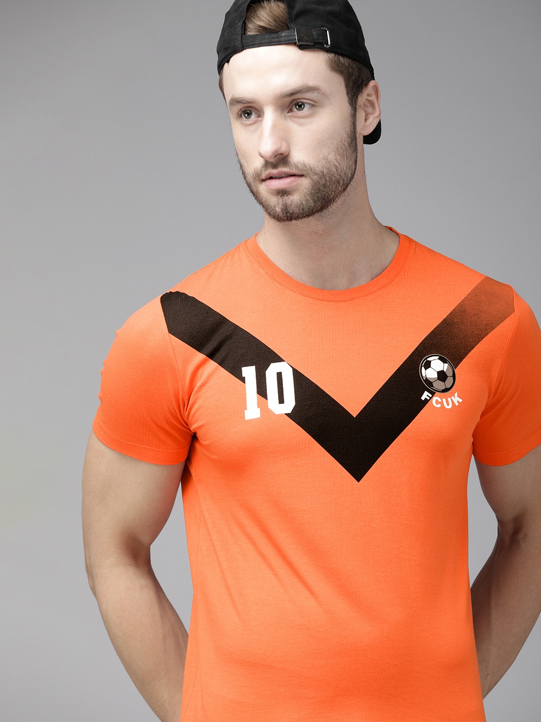 

French Connection Men Orange Sports Printed Pure Cotton Slim Fit T-shirt