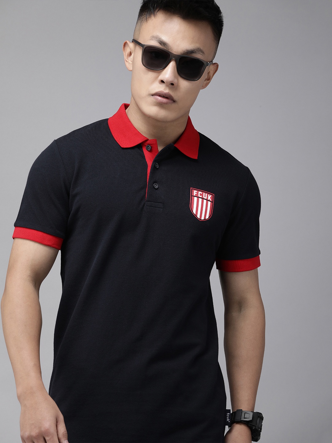 

French Connection Men Navy Blue & Red Colourblocked Polo Collar Slim Fit T-shirt
