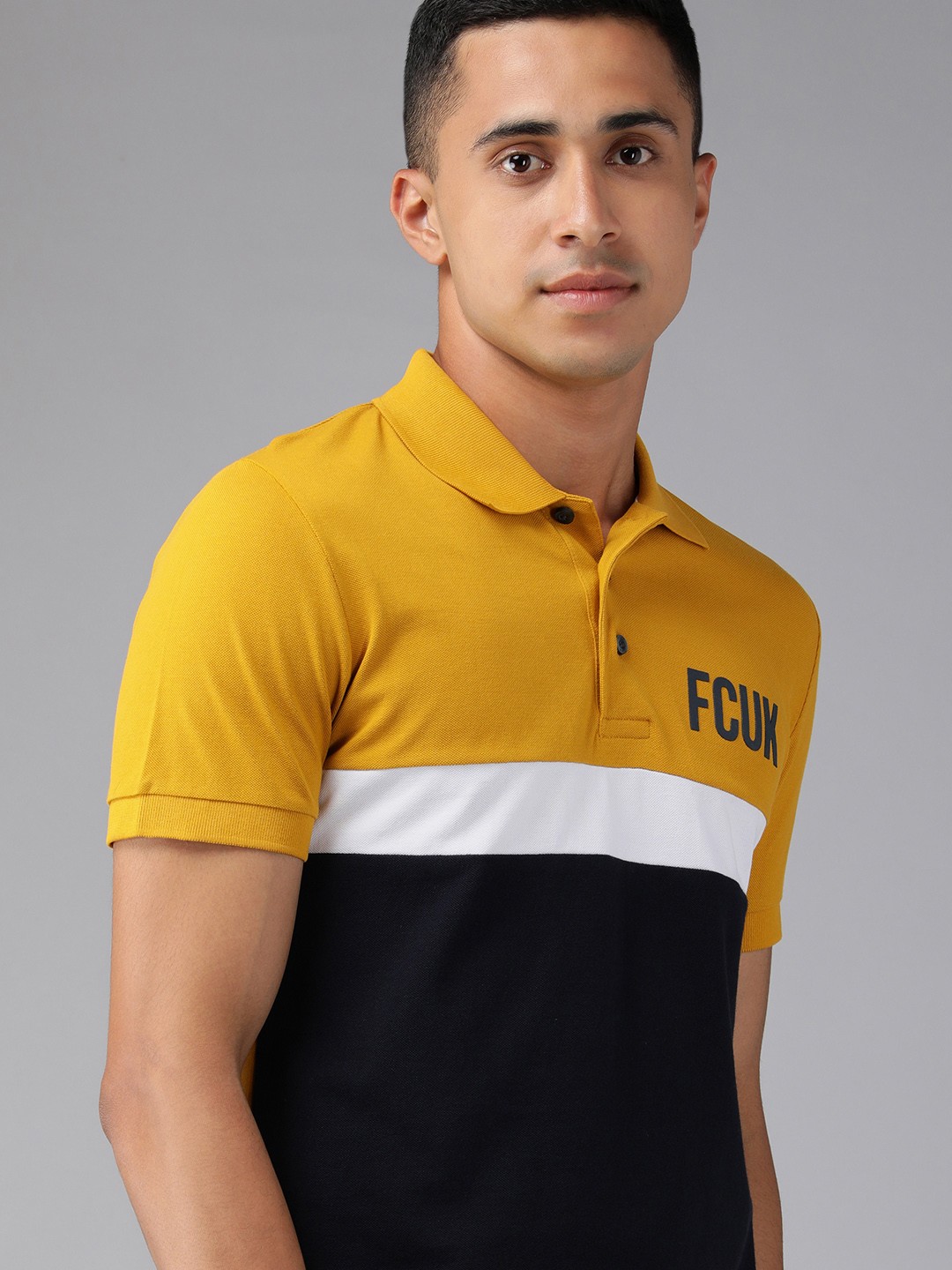 

French Connection Men Mustard Yellow & Black Colourblocked Slim Fit Polo Collar T-shirt