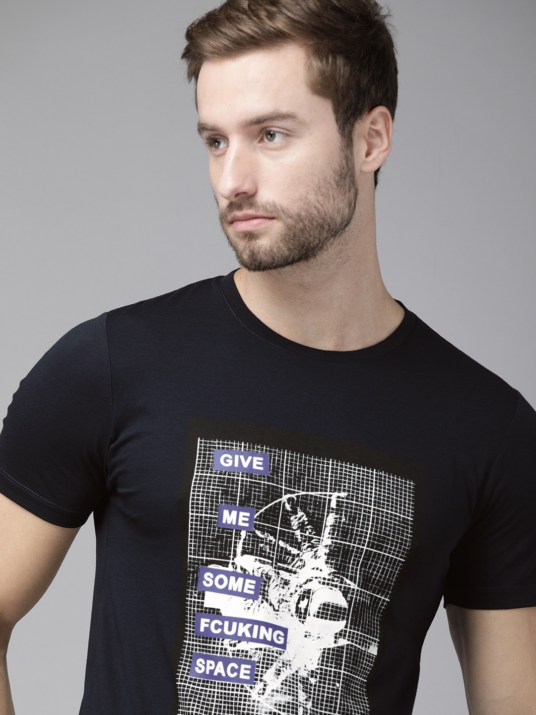 

French Connection Men Navy Blue Printed Pure Cotton Slim Fit T-shirt