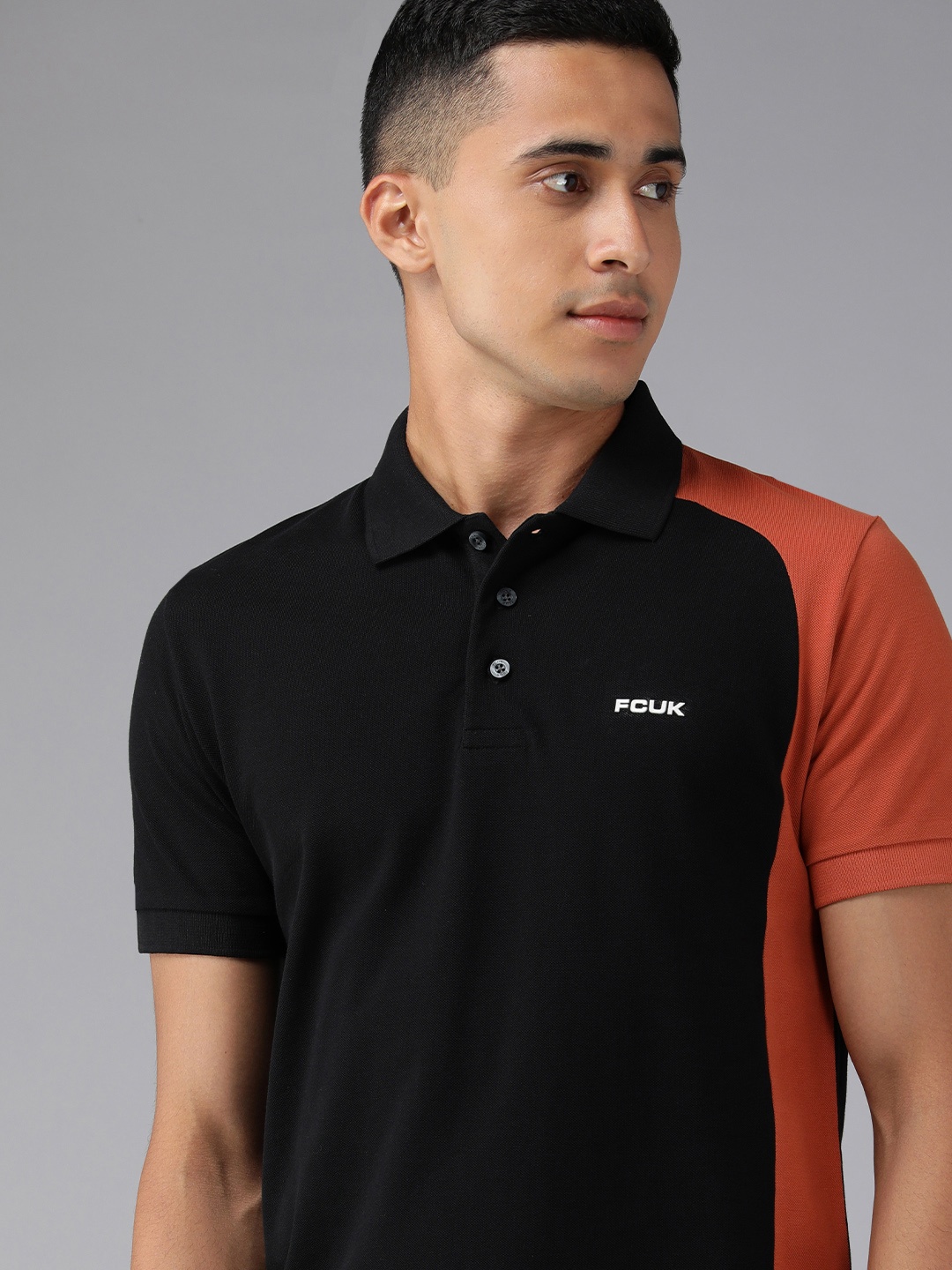 

French Connection Men Black & Brown Colourblocked Polo Collar Slim Fit Casual T-shirt