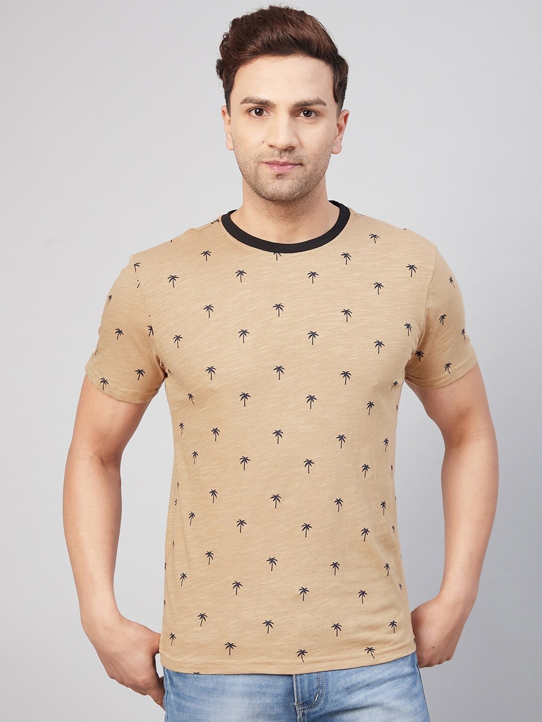 

GRITSTONES Men Beige & Black Floral Printed Cotton Round Neck T-shirt