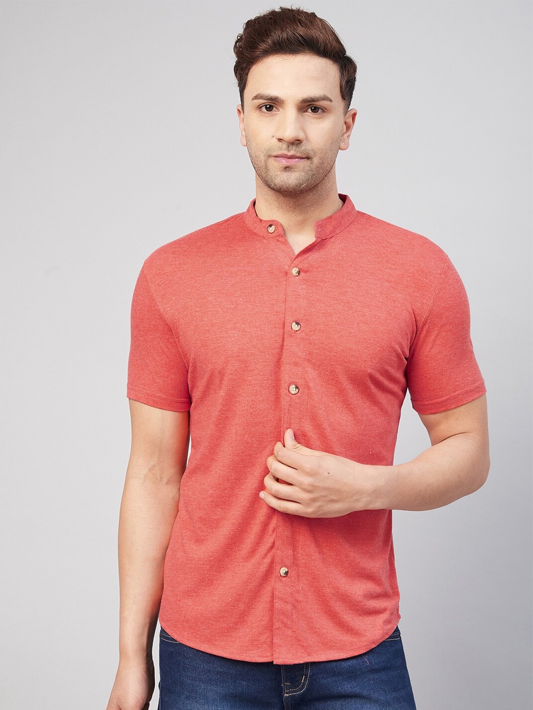 

GRITSTONES Men Coral Red Comfort Mandarin Collar Knitted Casual Shirt