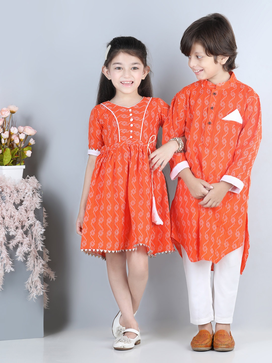 

Kinder Kids Orange & White Ethnic Motifs Cotton Midi Dress with Adjustable Waist