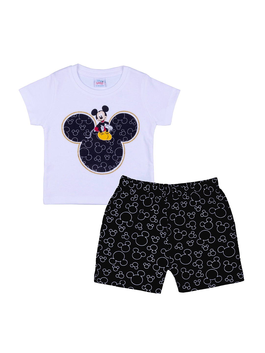 

Disney Boys White & Black Mickey Mouse Printed Pure Cotton T-shirt with Shorts