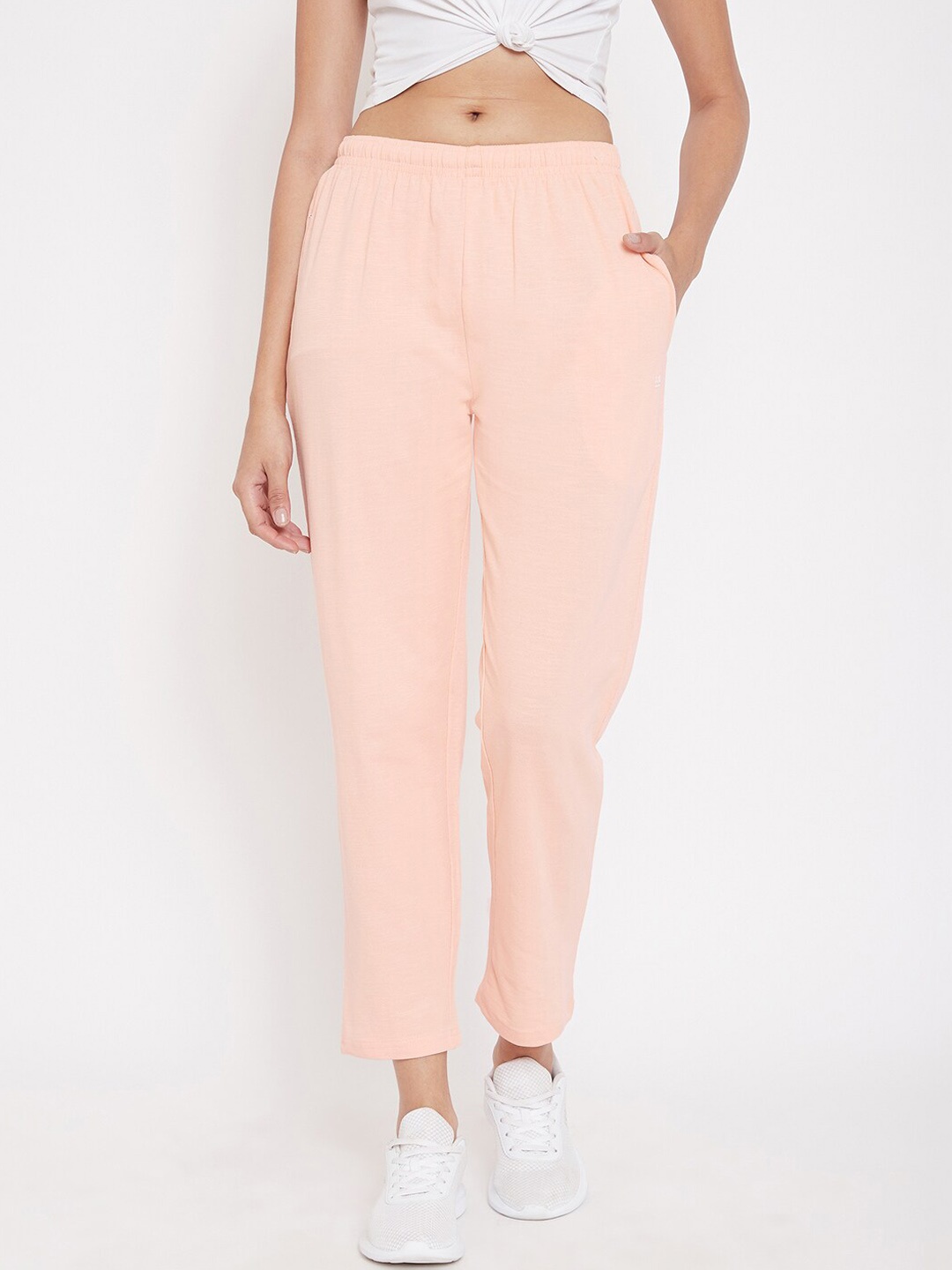 

Okane Women Plus Size Peach-Coloured Solid Cotton Track Pants
