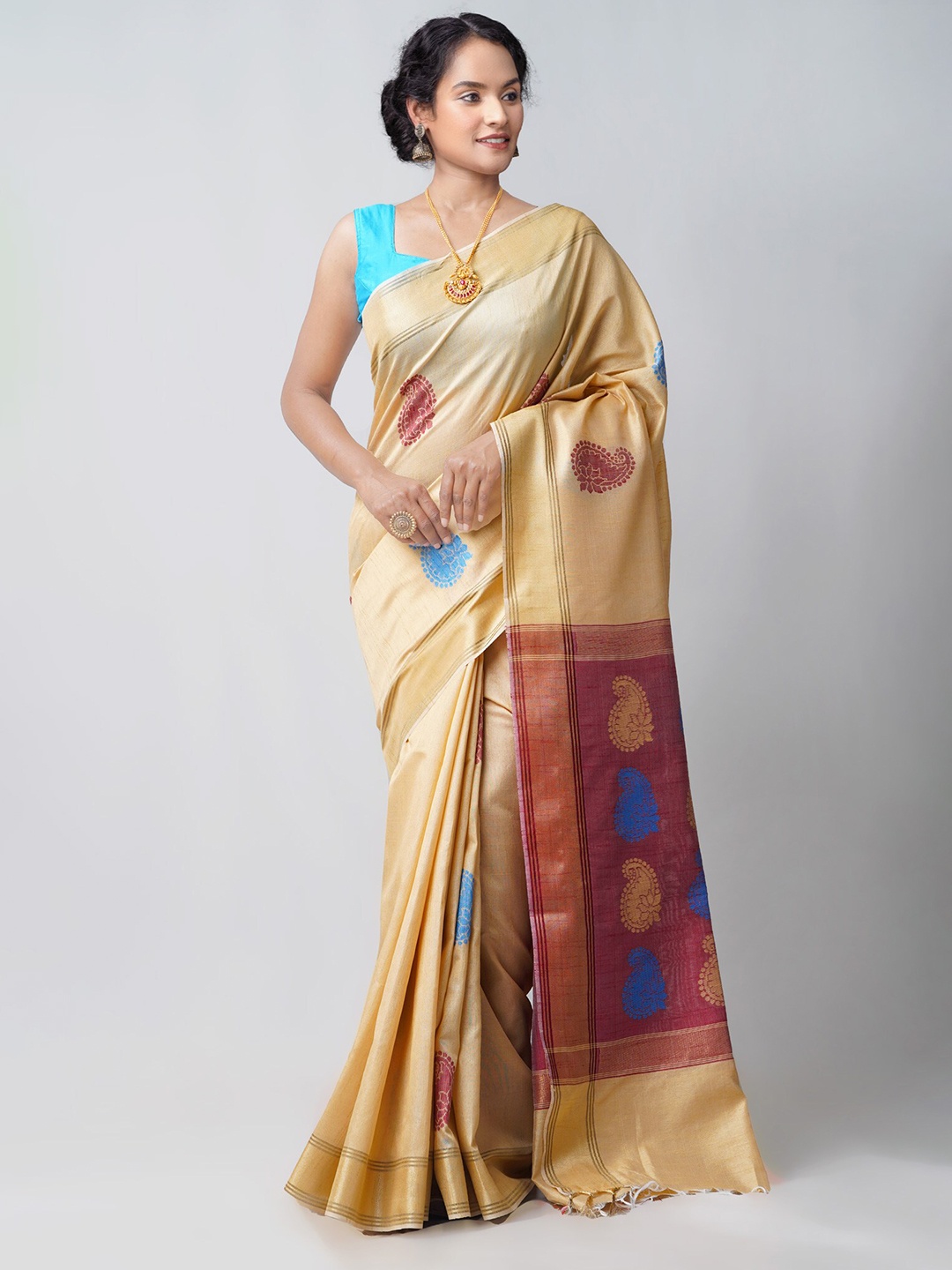 

Unnati Silks Brown & Maroon Woven Design Bengal Linen Saree