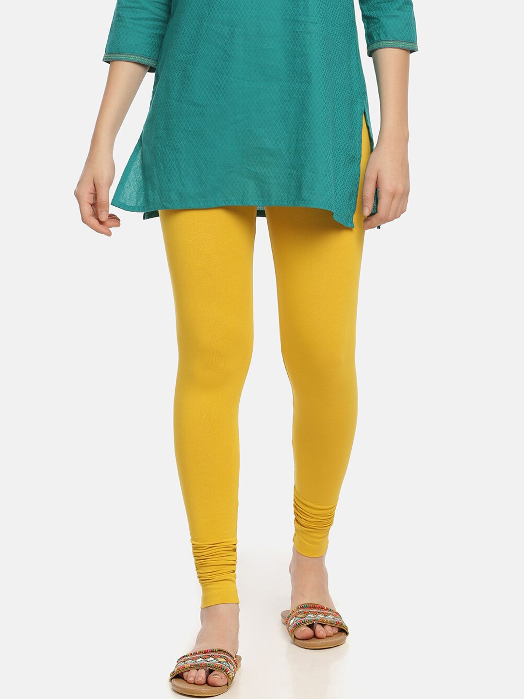 

Zelen Women Yellow Solid Churidar-Length Organic Cotton Leggings