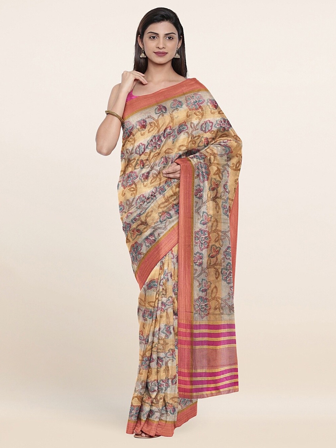 

Pothys Cream-Coloured & Magenta Floral Printed Zari Saree