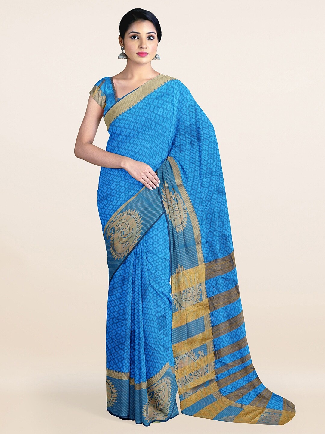 

Pothys Blue & Golden Ethnic Motifs Woven Zari Saree