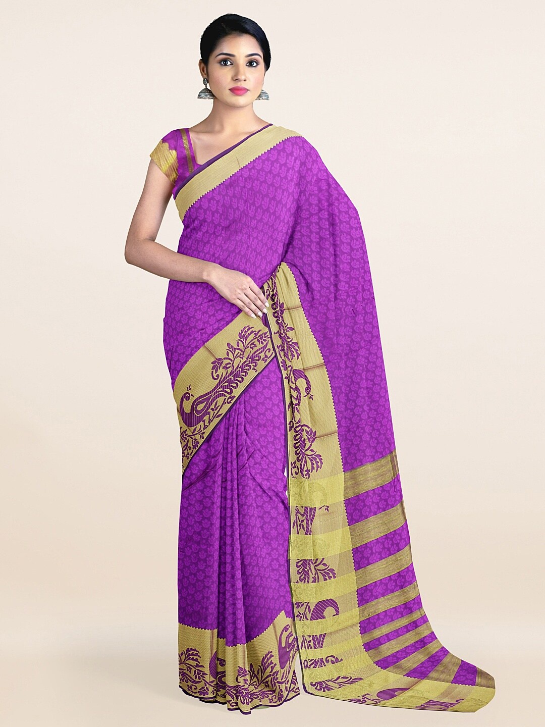

Pothys Violet & Beige Ethnic Motifs Zari Saree