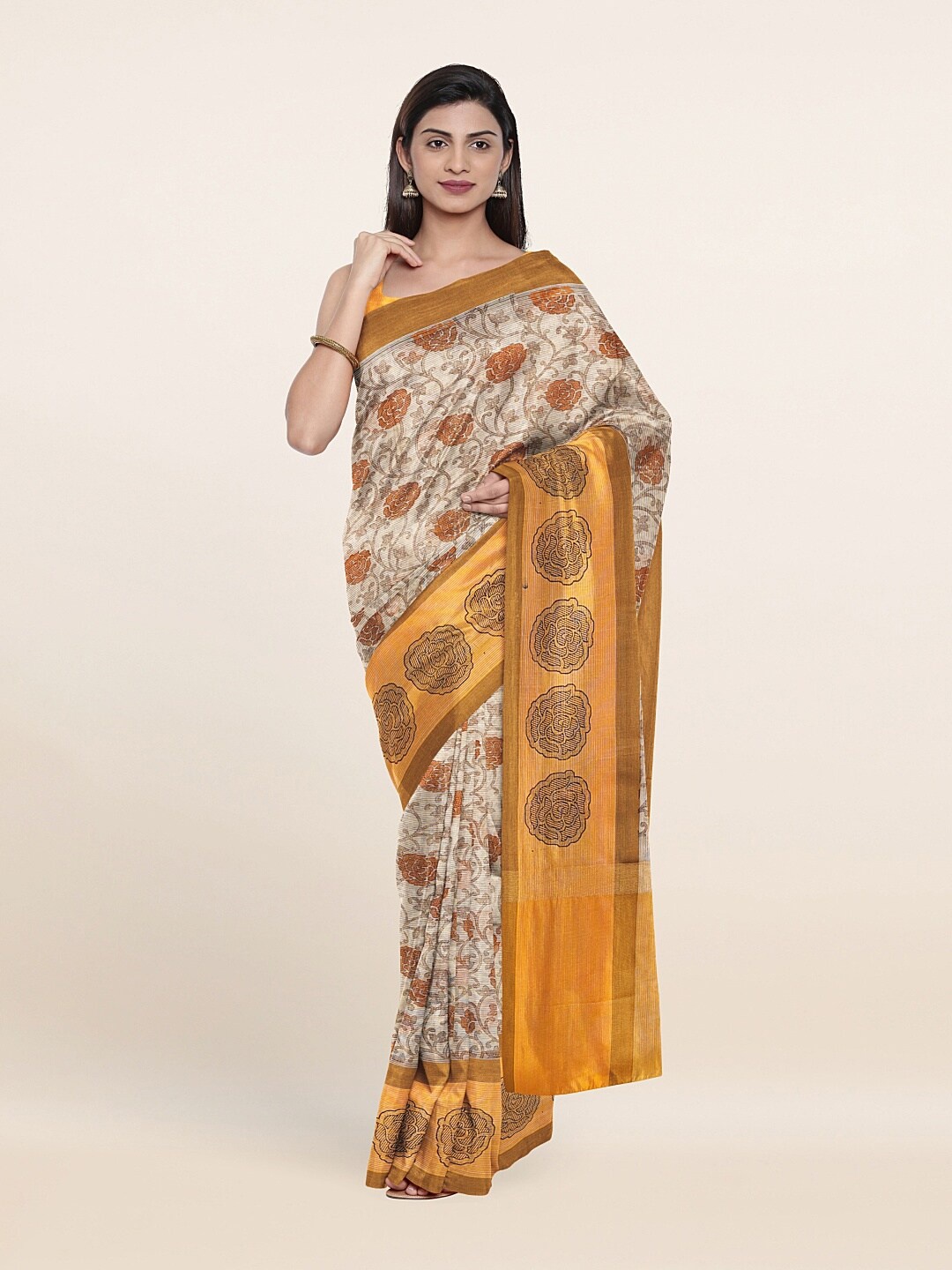 

Pothys Cream-Coloured & Mustard Floral Saree