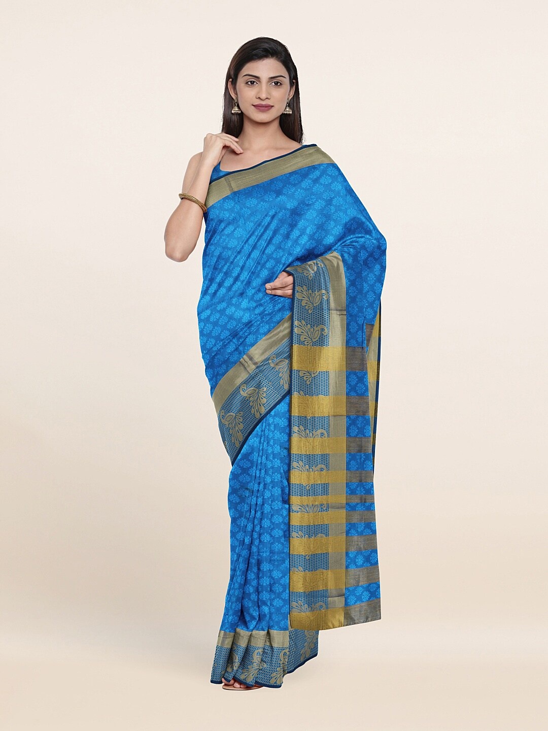 

Pothys Blue & Gold Ethnic Motifs Printed Zari Saree