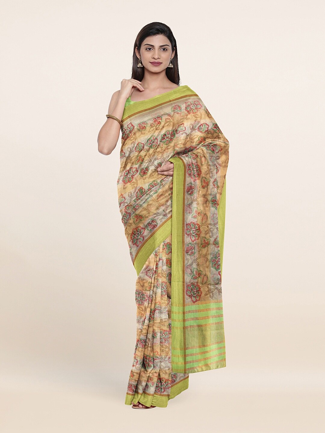 

Pothys Cream-Coloured & Green Floral Cotton Blend Saree