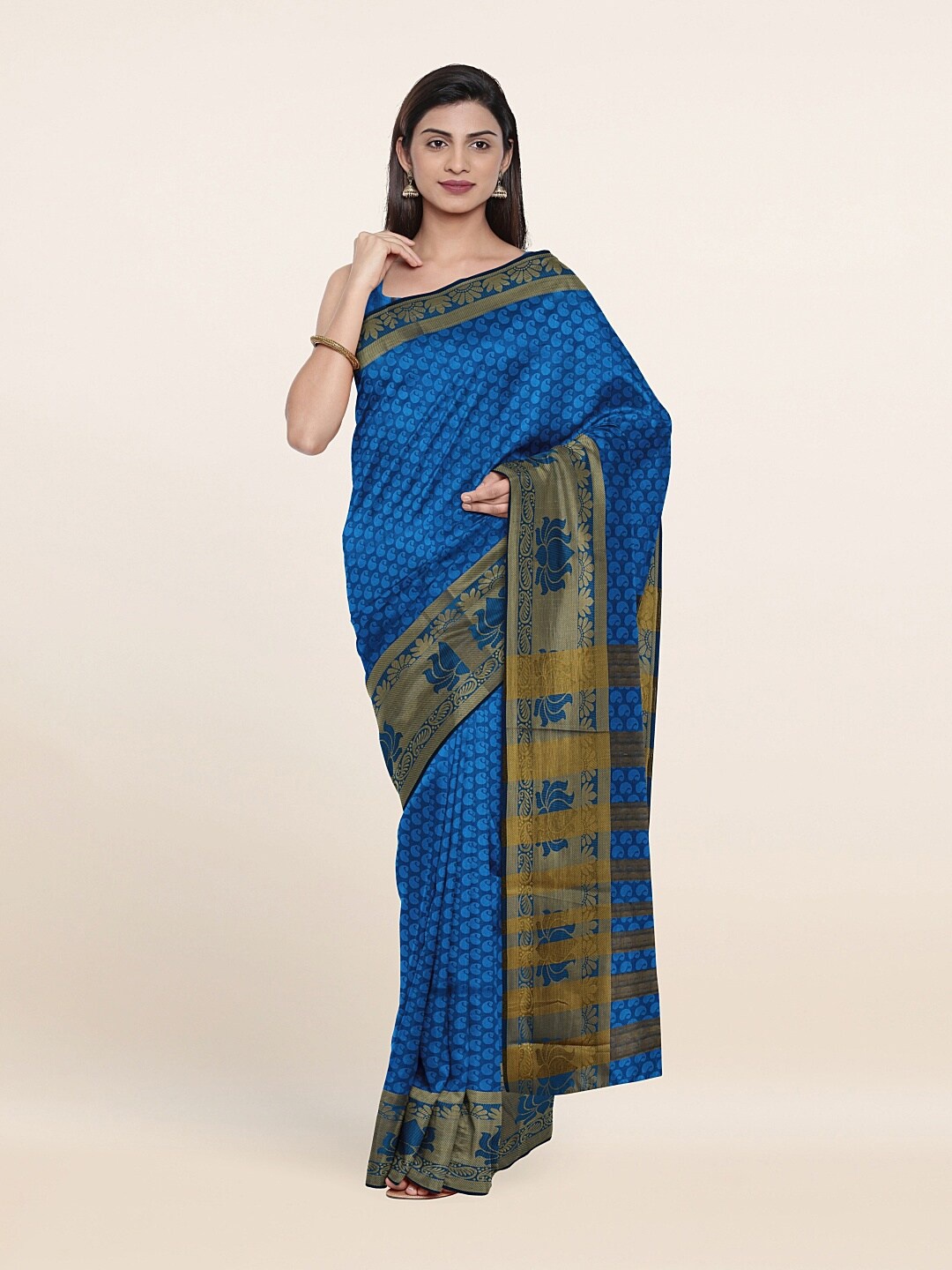 

Pothys Blue & Gold-Toned Ethnic Motifs Zari Saree