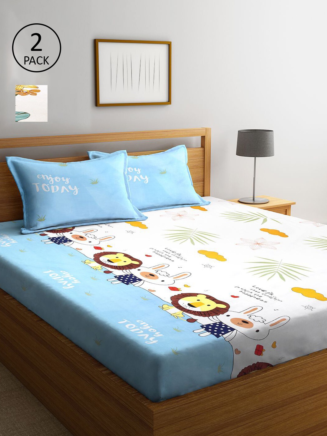 

KLOTTHE Pack of 2 Blue Cartoon Characters 210 TC King Bedsheet with 4 Pillow Covers