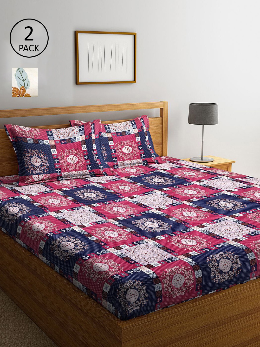 

KLOTTHE Pack of 2 Pink & Yellow Ethnic Motifs 210 TC King Bedsheet with 4 Pillow Covers