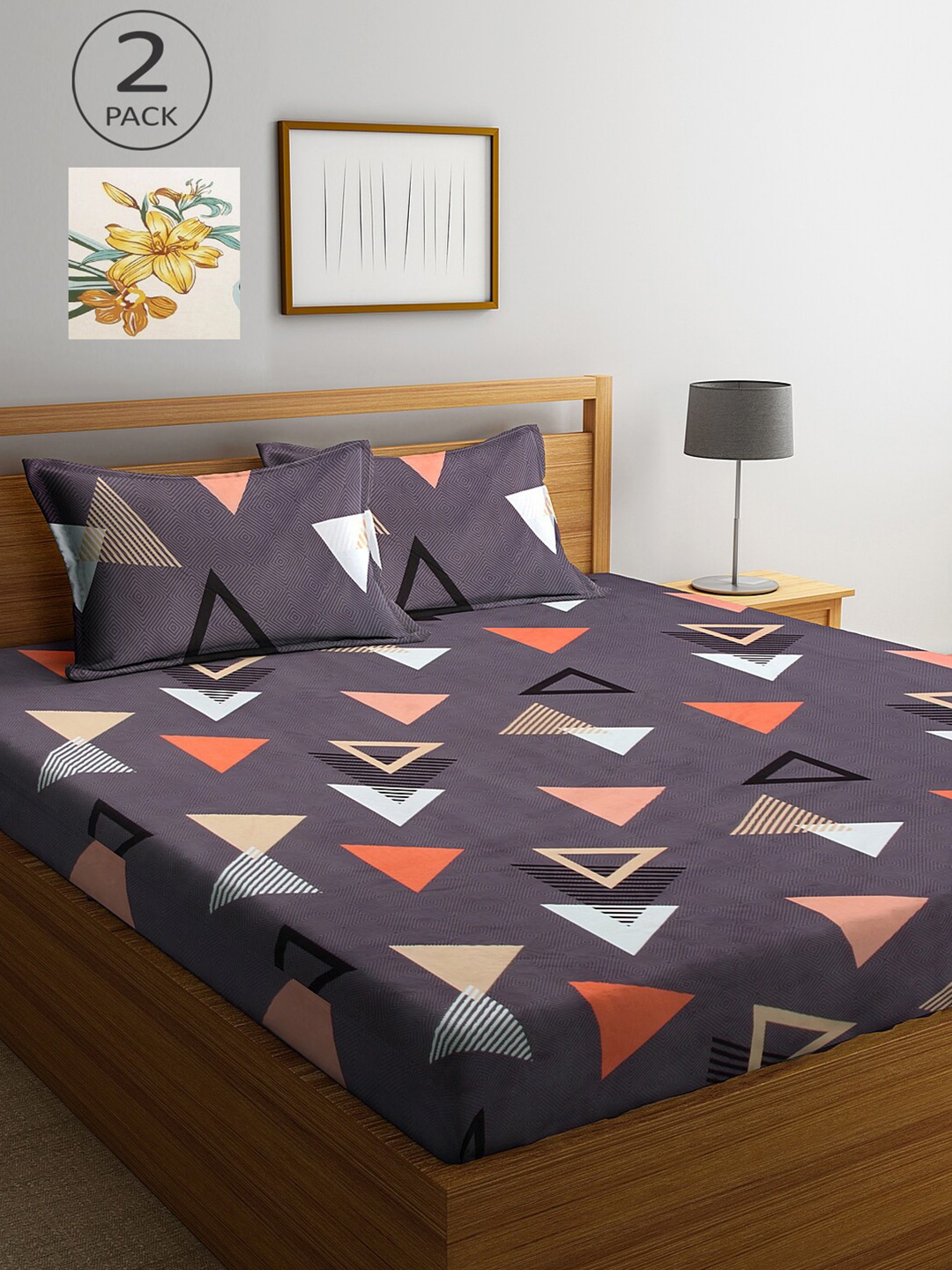 

KLOTTHE Pack of 2 Purple & Yellow Geometric 210 TC King Bedsheet with 4 Pillow Covers