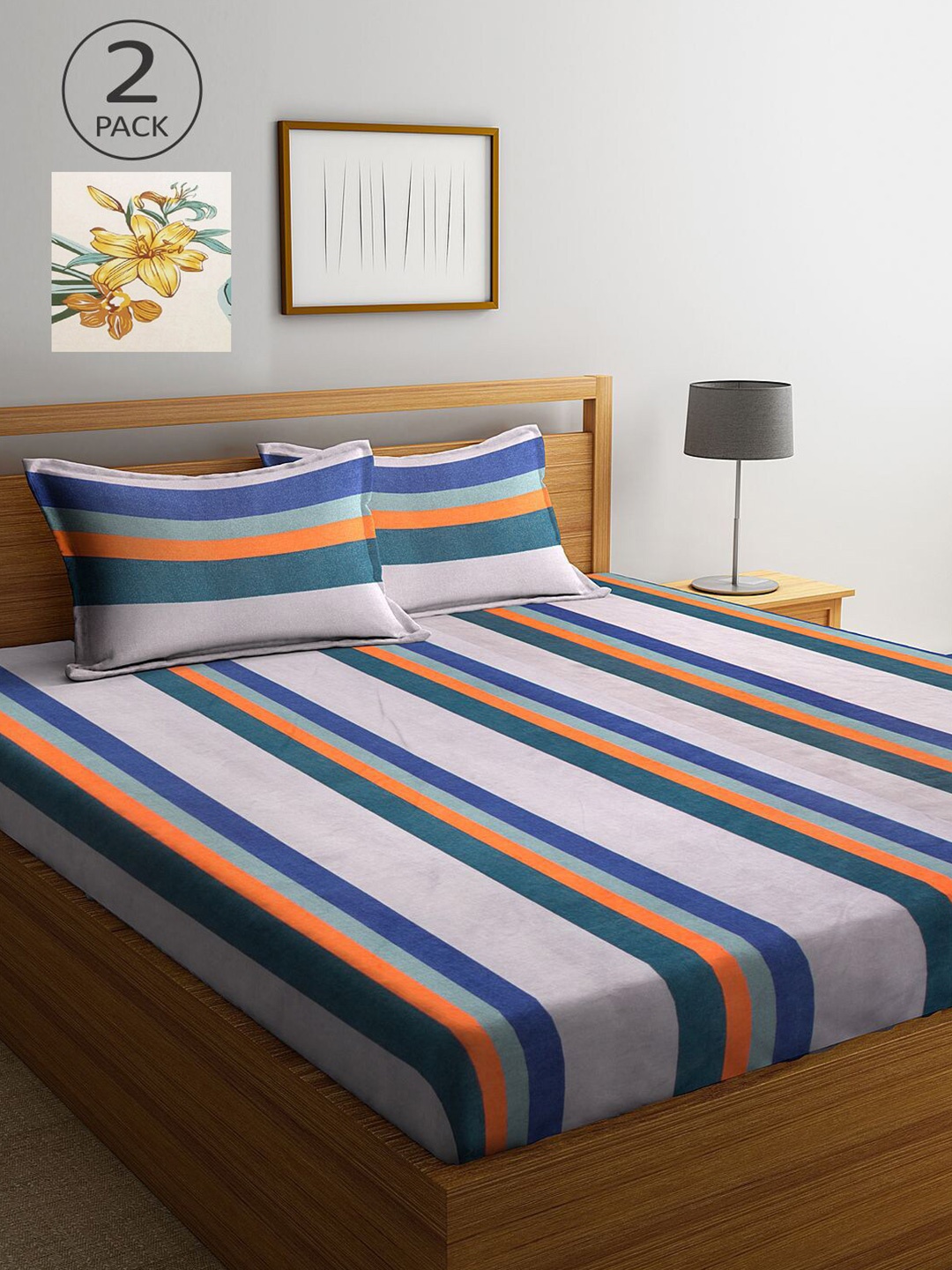 

KLOTTHE Multicoloured Striped 210 TC 2 Queen Bedsheet with 4 Pillow Covers, Multi