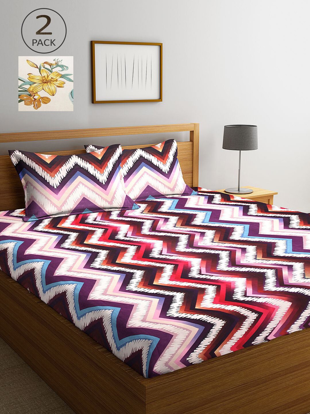 

KLOTTHE Pack of 2 Purple & Green Geometric 210 TC King Bedsheet with 4 Pillow Covers