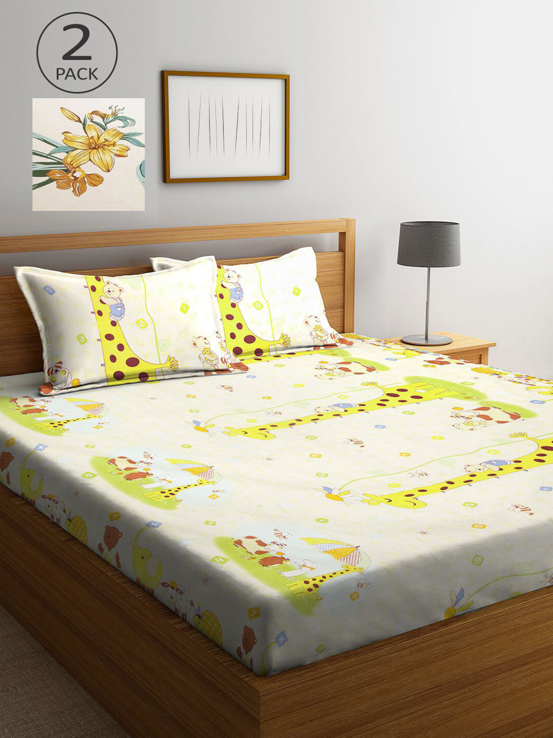 

KLOTTHE Pack of 2 Yellow Cartoon Characters 210 TC King Bedsheet with 4 Pillow Covers