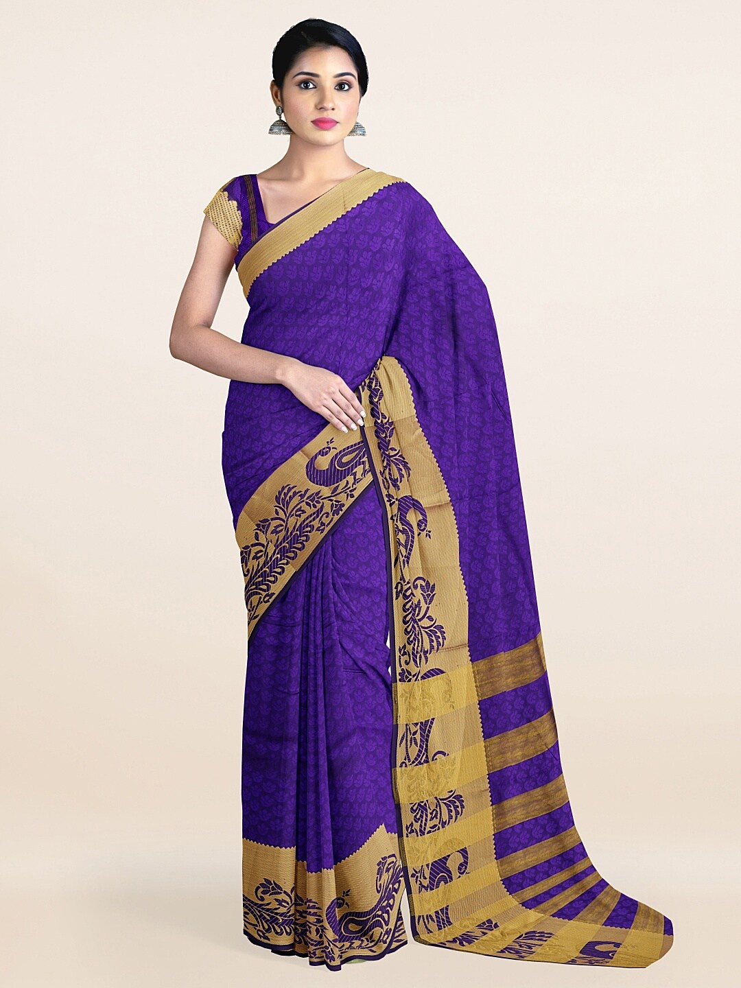 

Pothys Blue & Gold Ethnic Motifs Woven Design Cotton Blend Zari Saree