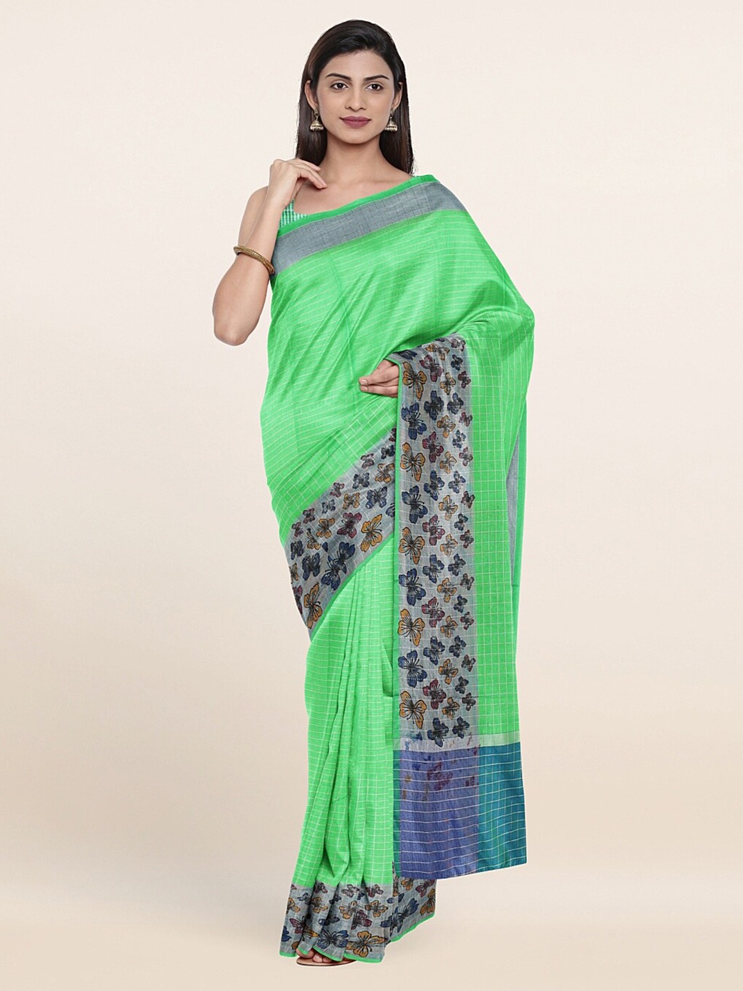 

Pothys Green & Blue Checked Saree