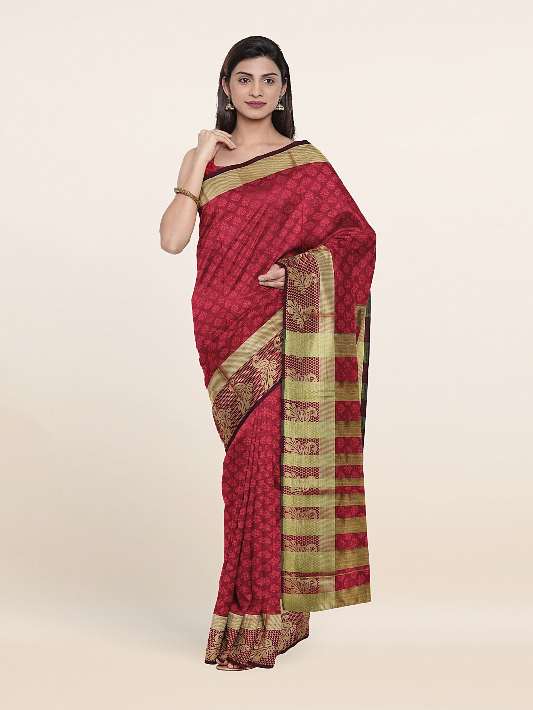 

Pothys Maroon & Gold-Toned Ethnic Motifs Saree
