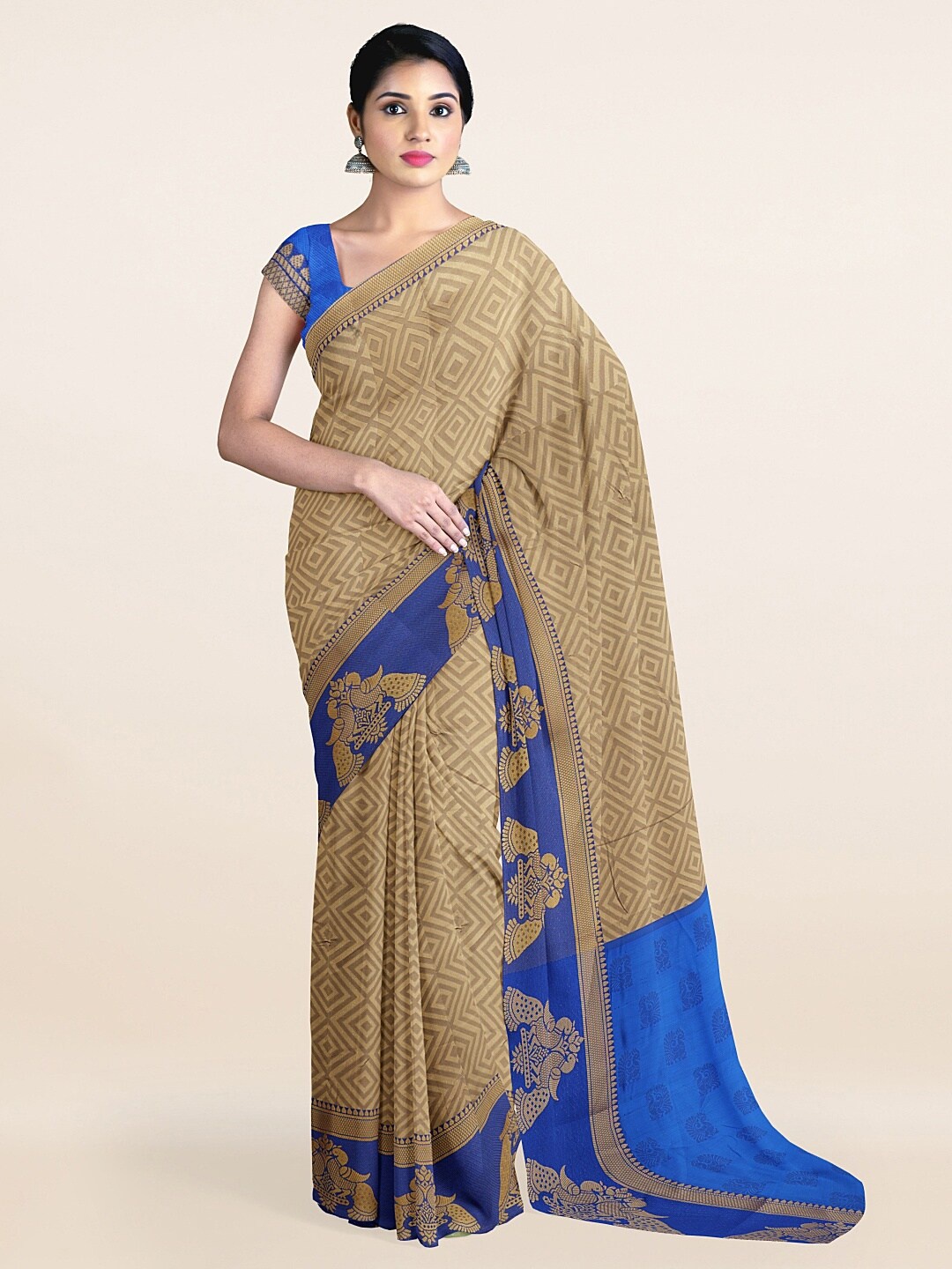 

Pothys Tan Brown & Blue Ethnic Motifs Zari Saree