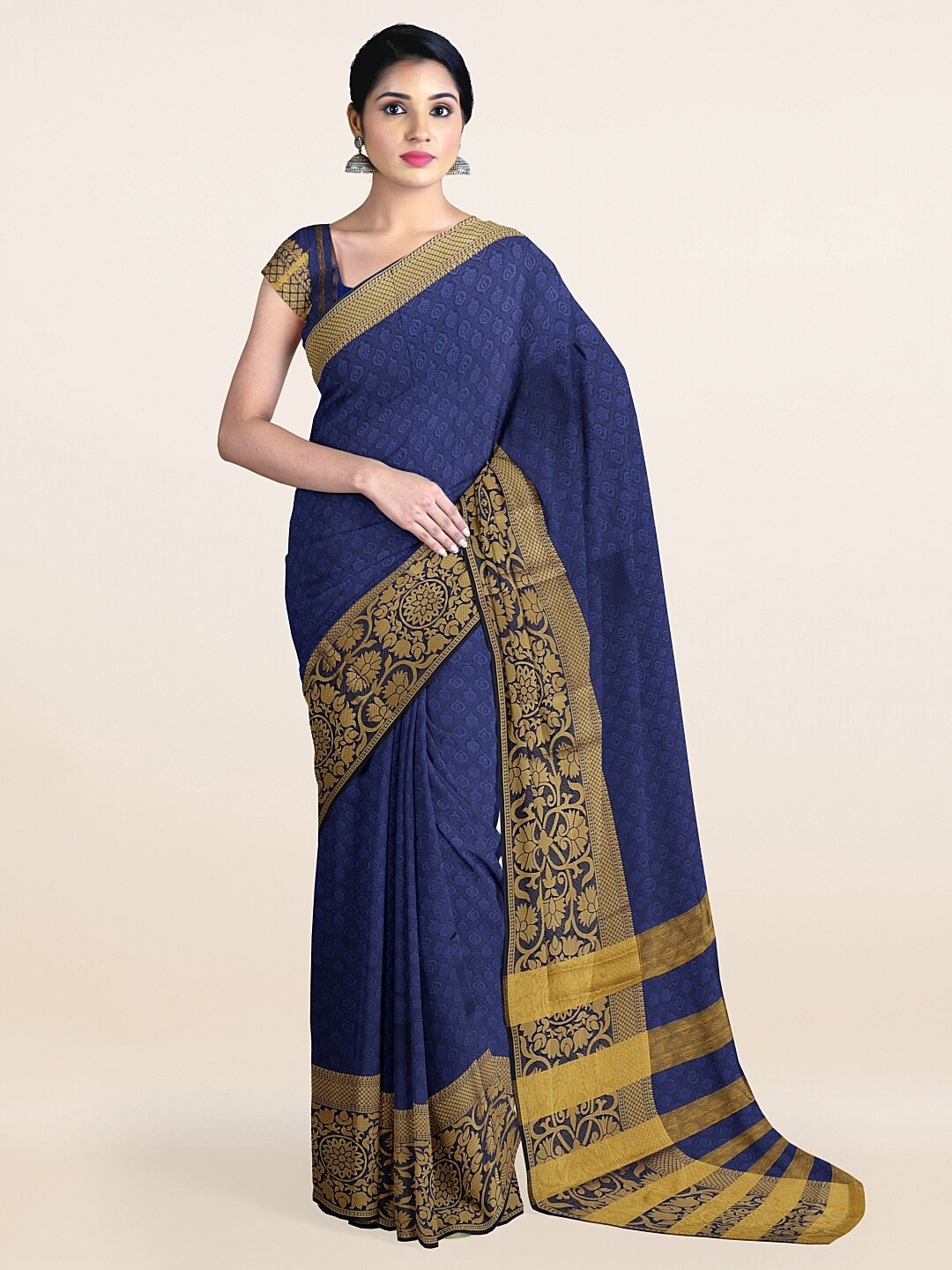 

Pothys Blue & Gold-Toned Ethnic Motifs Zari Saree
