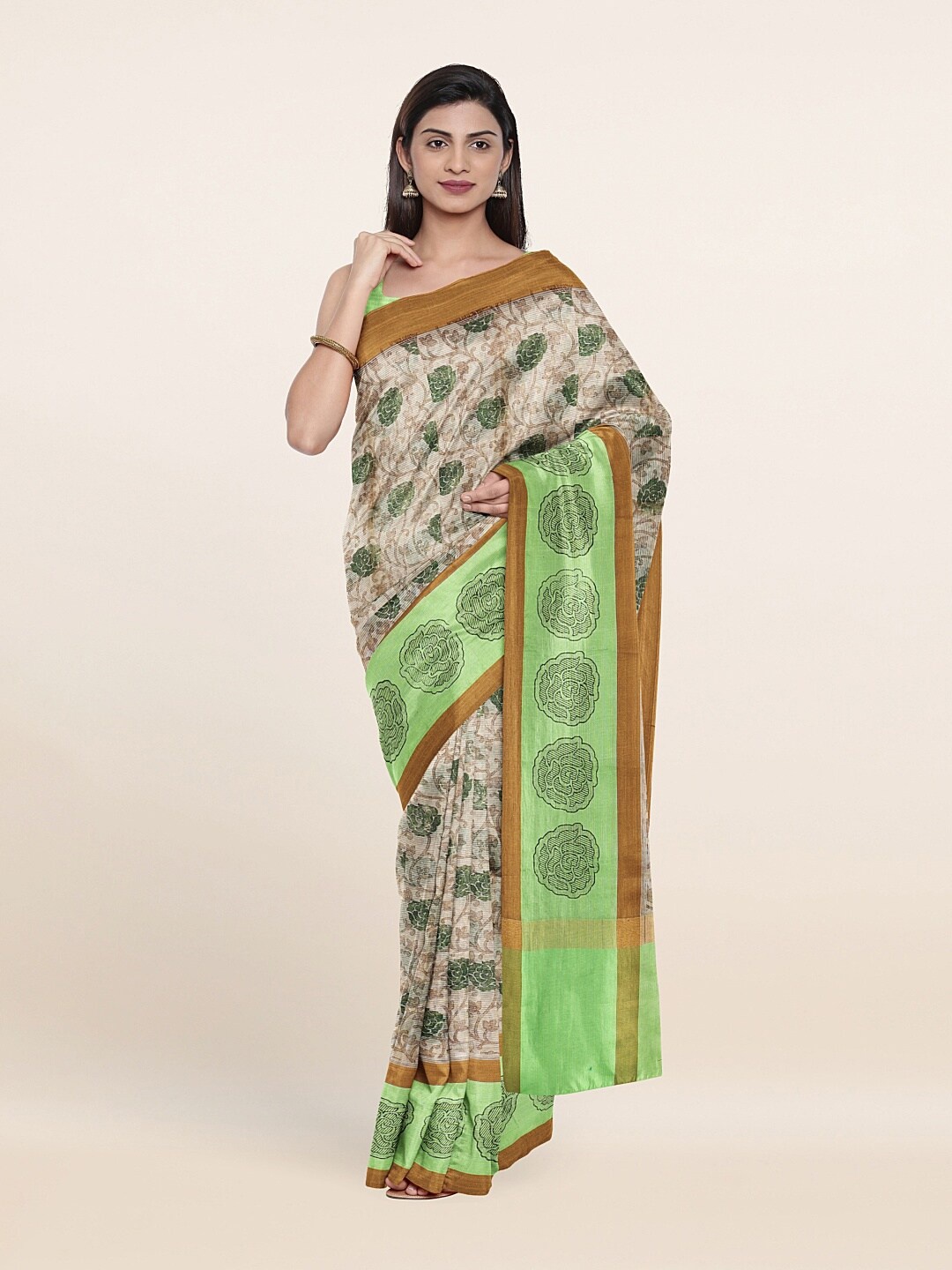 

Pothys Cream-Coloured & Green Printed Zari Saree